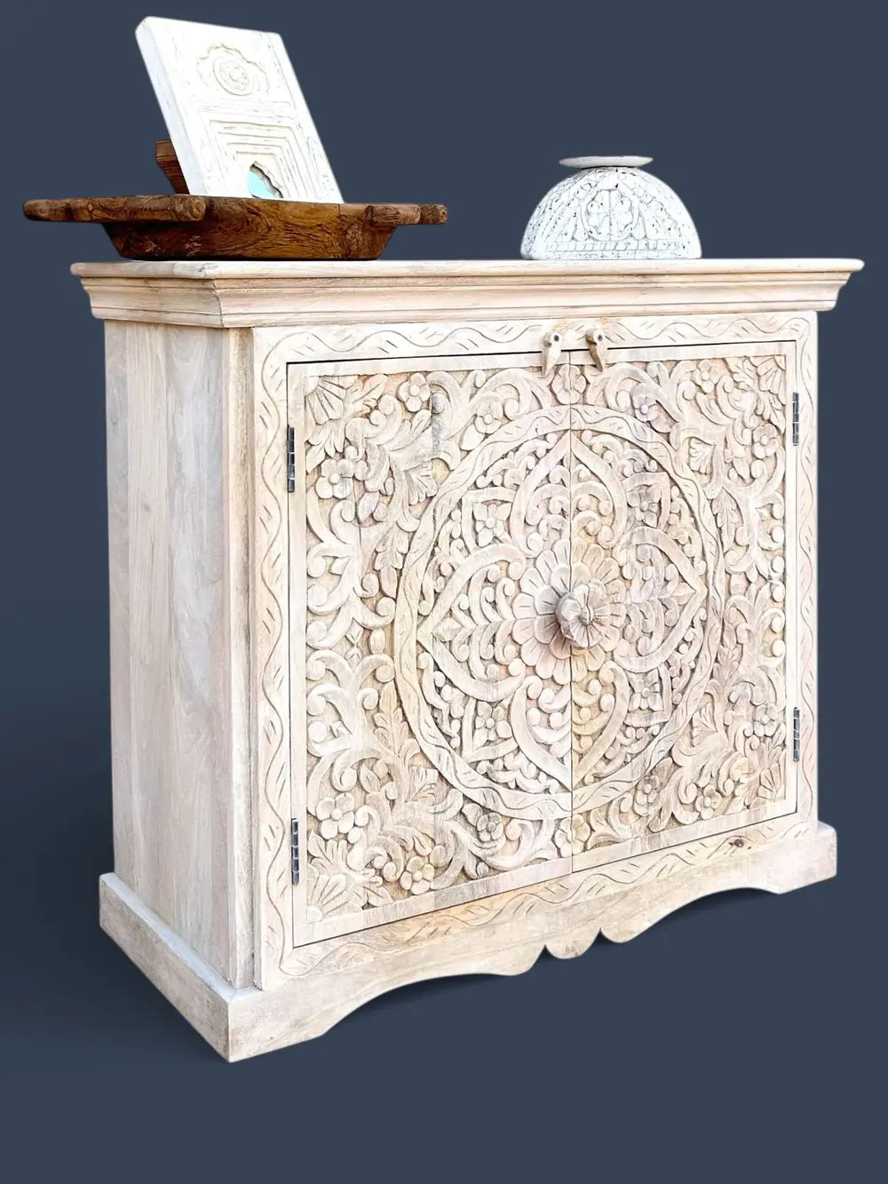 hand-carved mango wood sideboard cabinet in white wash finish