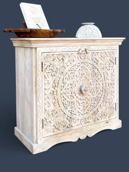 Hand-Carved Mango Wood Sideboard Cabinet in White Wash Finish
