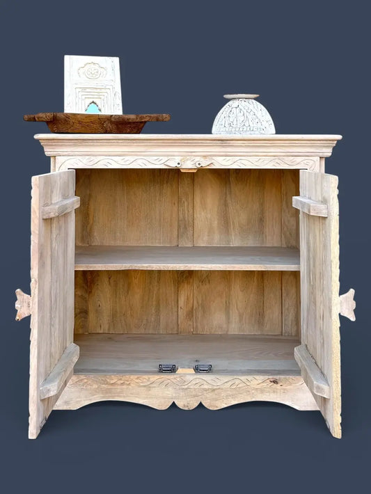 Hand-Carved Mango Wood Sideboard Cabinet in White Wash Finish