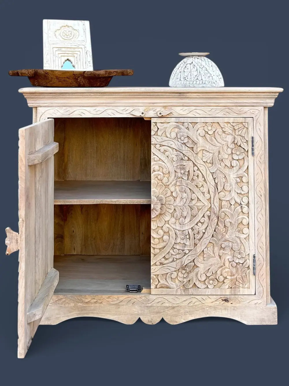 hand-carved mango wood sideboard cabinet in white wash finish