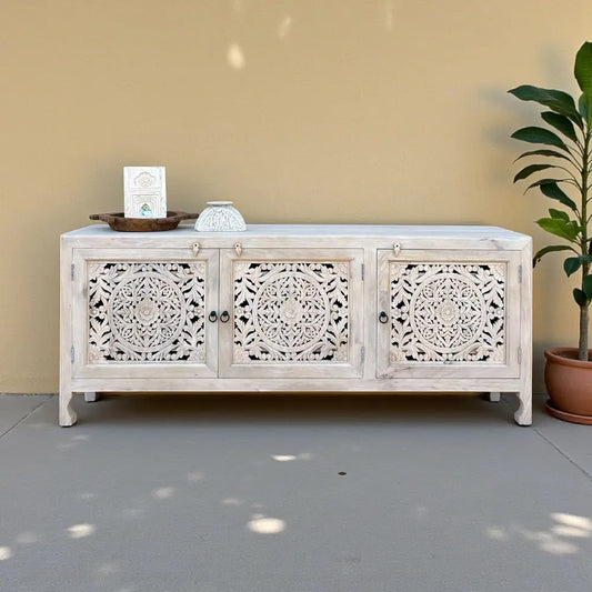 Solid Mango Wood Hand Carved Sideboard Cabinet – White Wash