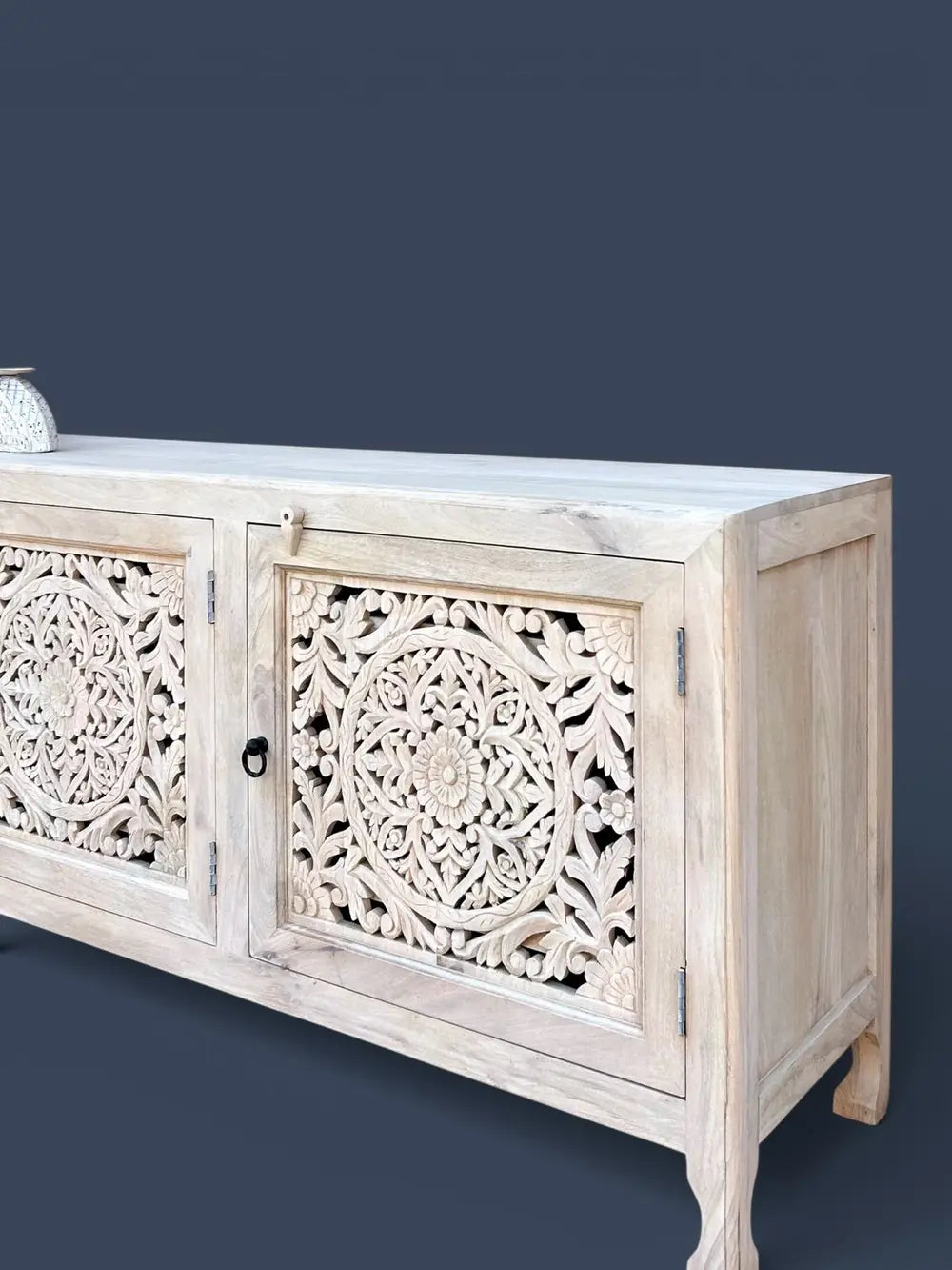 solid mango wood hand carved sideboard cabinet – white wash