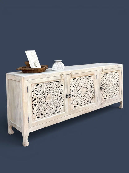 Solid Mango Wood Hand Carved Sideboard Cabinet – White Wash