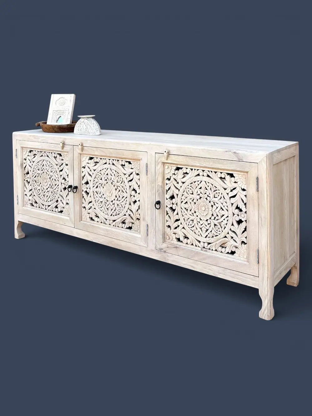 solid mango wood hand carved sideboard cabinet – white wash