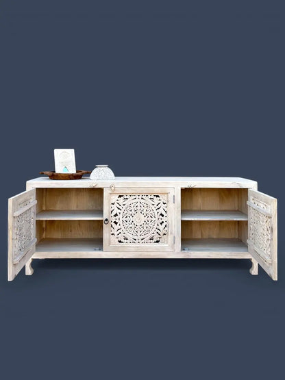 Solid Mango Wood Hand Carved Sideboard Cabinet – White Wash