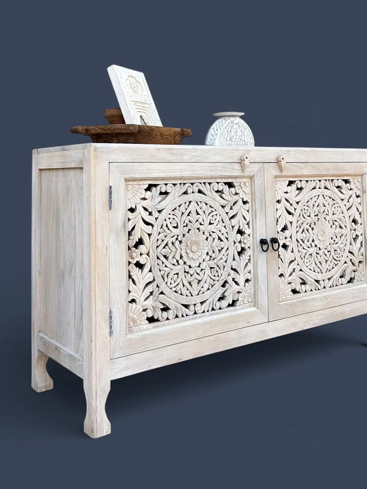 Solid Mango Wood Hand Carved Sideboard Cabinet – White Wash