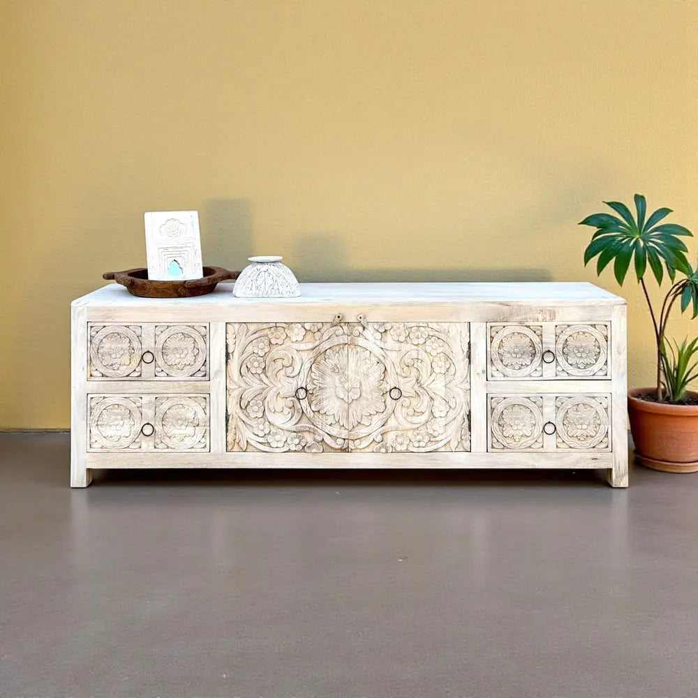 hand carved wooden tv cabinet in bleach finish