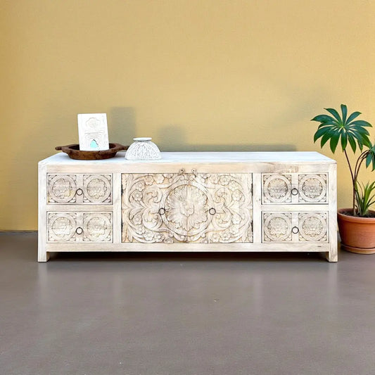 Hand Carved Wooden TV Cabinet in Bleach Finish