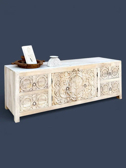 Hand Carved Wooden TV Cabinet in Bleach Finish