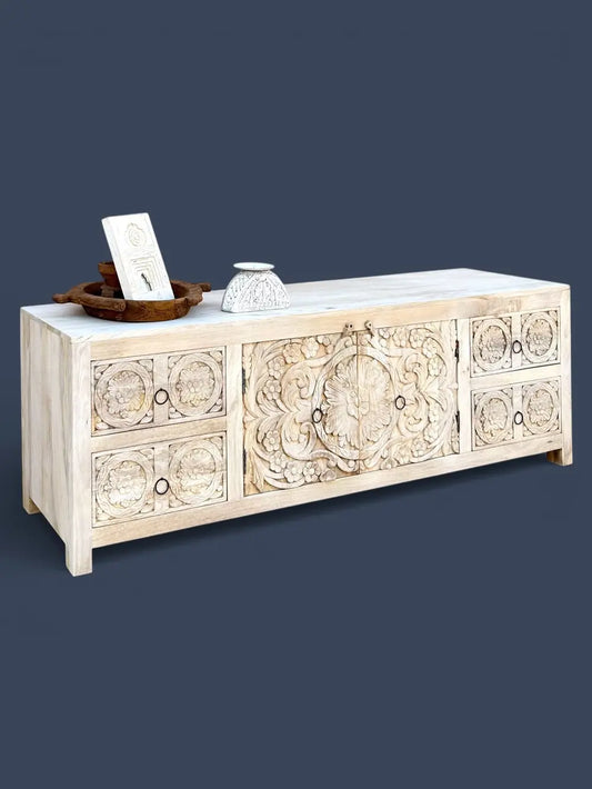 Hand Carved Wooden TV Cabinet in Bleach Finish
