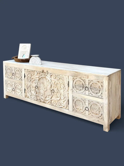Hand Carved Wooden TV Cabinet in Bleach Finish