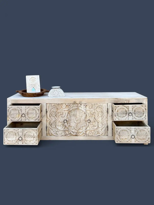 Hand Carved Wooden TV Cabinet in Bleach Finish