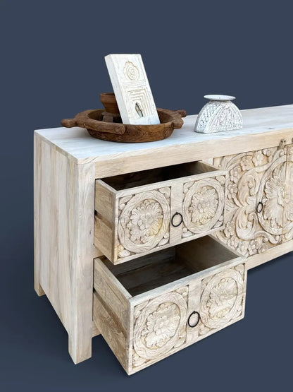 Hand Carved Wooden TV Cabinet in Bleach Finish