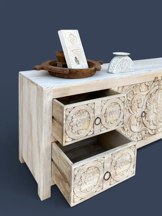 Hand Carved Wooden TV Cabinet in Bleach Finish