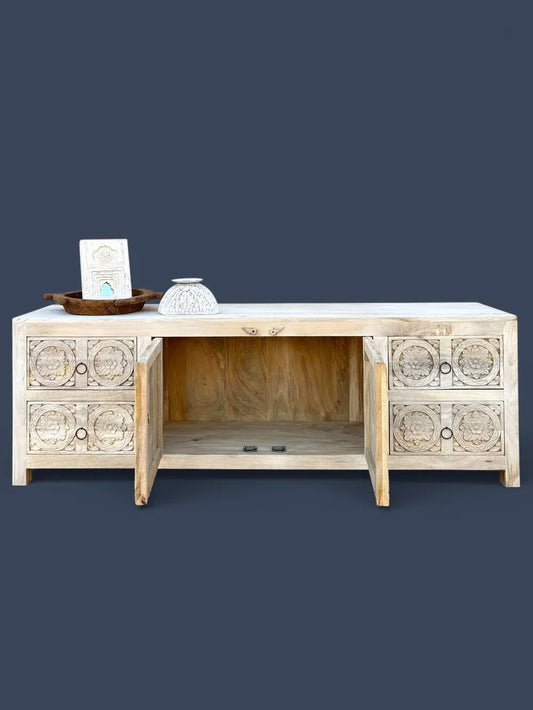 Hand Carved Wooden TV Cabinet in Bleach Finish