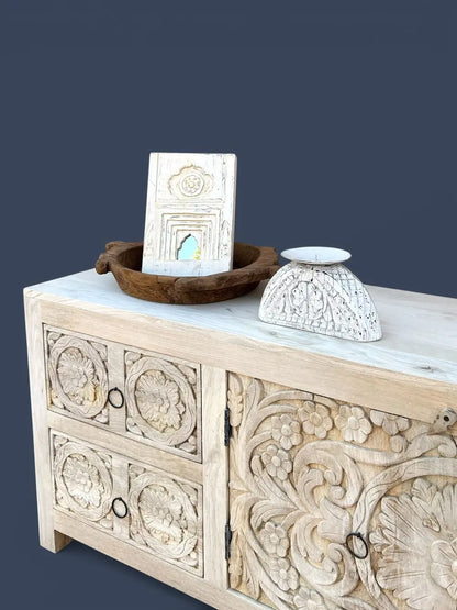 Hand Carved Wooden TV Cabinet in Bleach Finish