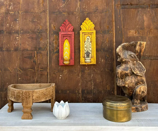 Rajasthani Hand-Painted Wooden Wall Frame Set (Red & Yellow)