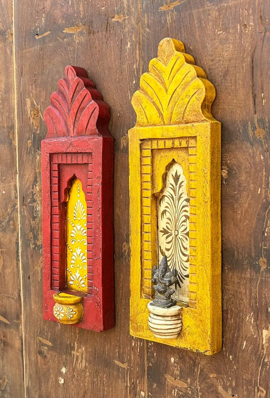 Rajasthani Hand-Painted Wooden Wall Frame Set (Red & Yellow)