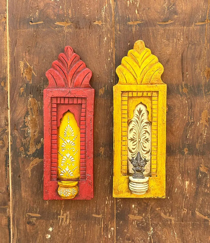 Rajasthani Hand-Painted Wooden Wall Frame Set (Red & Yellow)