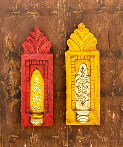 Rajasthani Hand-Painted Wooden Wall Frame Set (Red & Yellow)