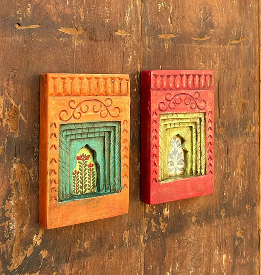 Hand-Carved & Hand-Painted Decorative Wooden Wall Frame – Traditional Floral Window Art (Set of 2)