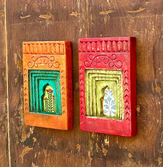 Hand-Carved & Hand-Painted Decorative Wooden Wall Frame – Traditional Floral Window Art (Set of 2)