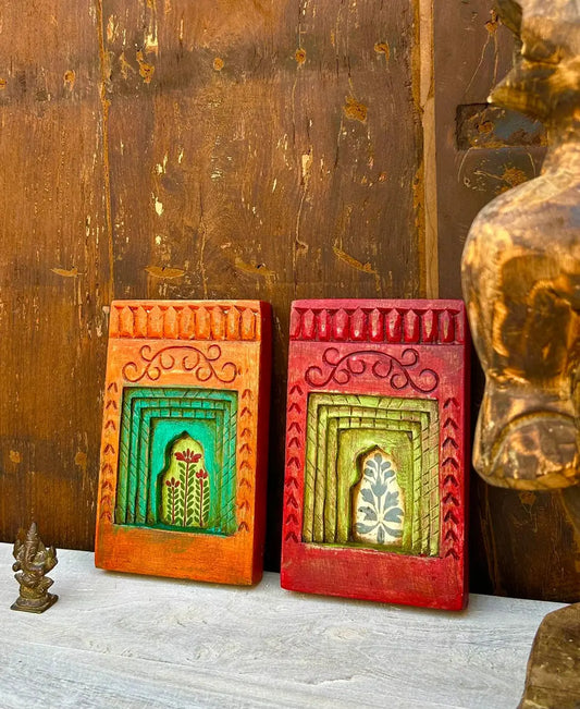Hand-Carved & Hand-Painted Decorative Wooden Wall Frame – Traditional Floral Window Art (Set of 2)