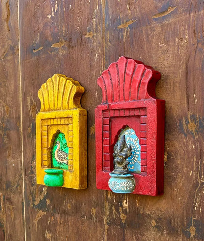 Hand-Painted Wooden Jharokha Wall Frames – Traditional Bird & Floral Art (Set of 2)