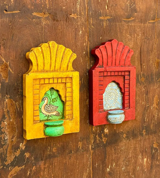 Hand-Painted Wooden Jharokha Wall Frames – Traditional Bird & Floral Art (Set of 2)