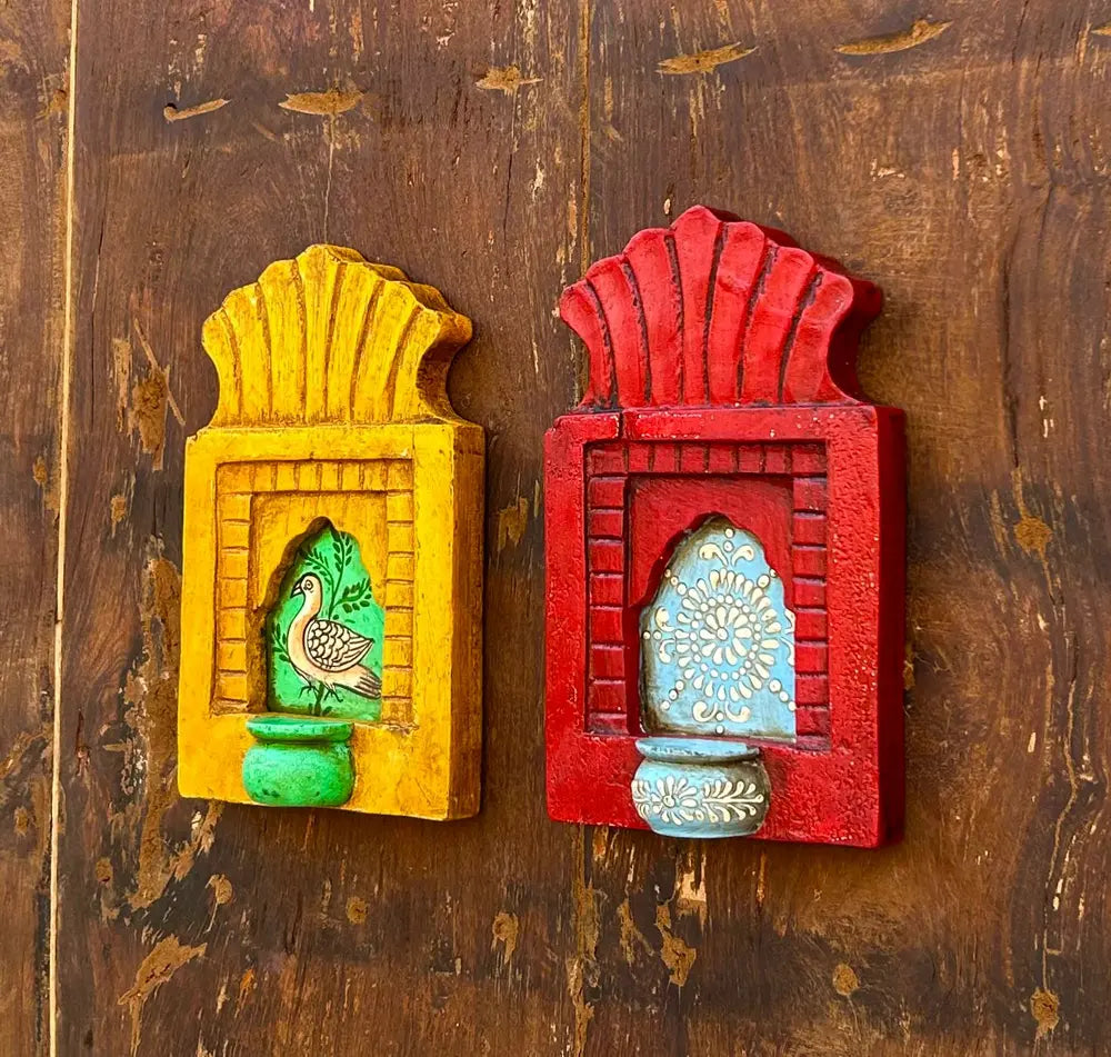 hand-painted wooden jharokha wall frames – traditional bird & floral art (set of 2)