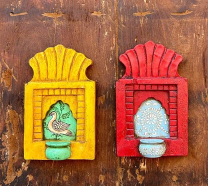 Hand-Painted Wooden Jharokha Wall Frames – Traditional Bird & Floral Art (Set of 2)