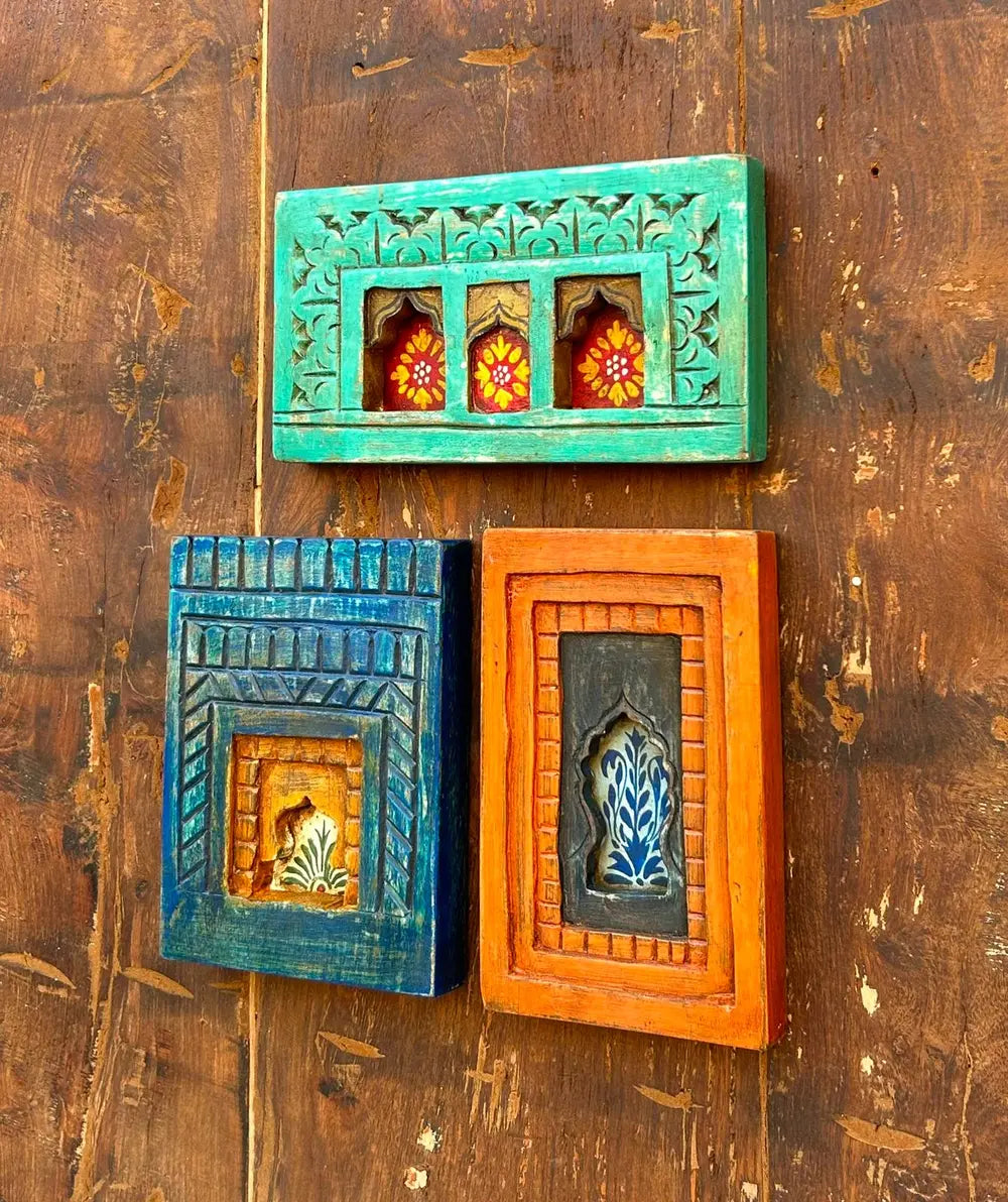 hand-painted wooden jharokha wall frames – traditional floral window art (set of 3)