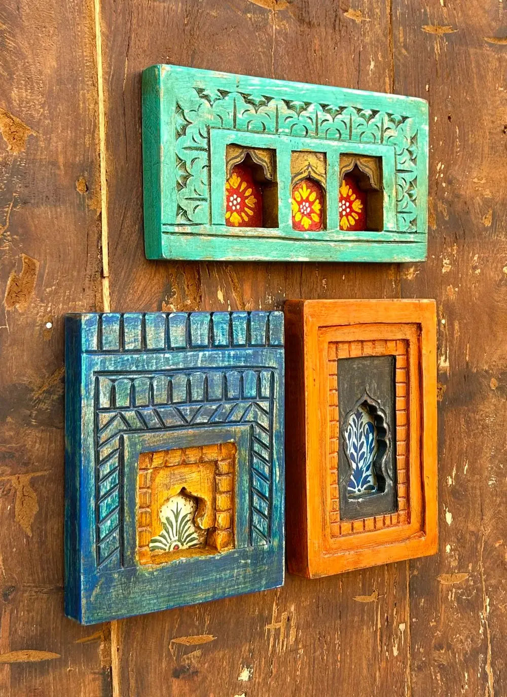 hand-painted wooden jharokha wall frames – traditional floral window art (set of 3)