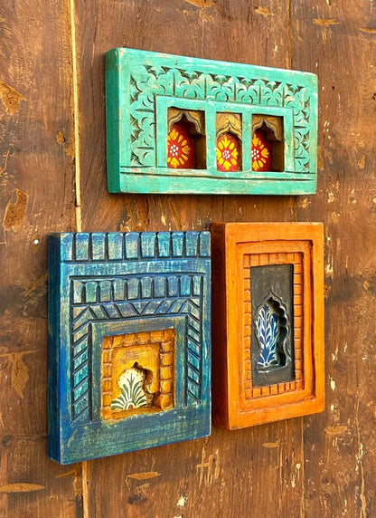 Hand-Painted Wooden Jharokha Wall Frames – Traditional Floral Window Art (Set of 3)