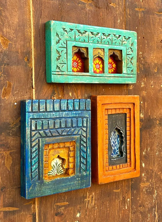 Hand-Painted Wooden Jharokha Wall Frames – Traditional Floral Window Art (Set of 3)