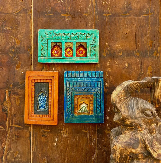 Hand-Painted Wooden Jharokha Wall Frames – Traditional Floral Window Art (Set of 3)
