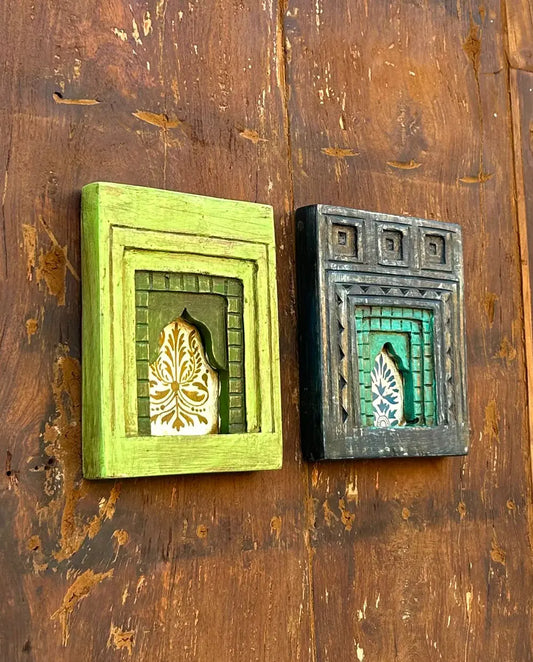 Hand-Painted Wooden Jharokha Wall Frames – Traditional Floral Window Art (Set of 2)