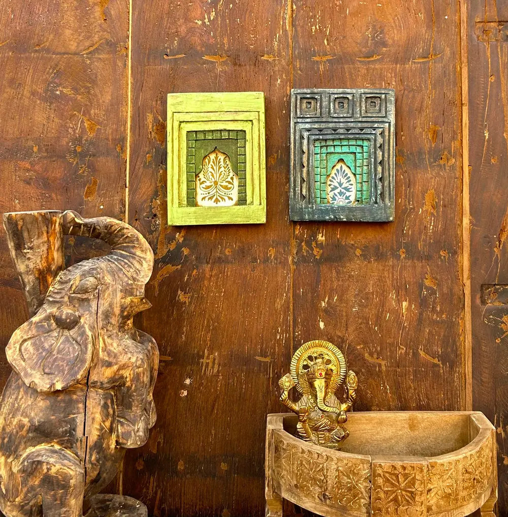 hand-painted wooden jharokha wall frames – traditional floral window art (set of 2)