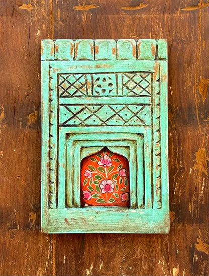 Hand-Painted Wooden Jharokha Wall Frame – Traditional Floral Window Art