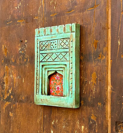Hand-Painted Wooden Jharokha Wall Frame – Traditional Floral Window Art