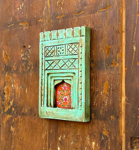 Hand-Painted Wooden Jharokha Wall Frame – Traditional Floral Window Art