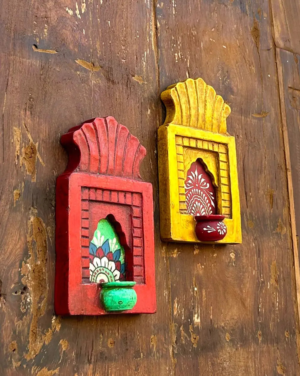 hand-painted wooden jharokha wall frames with mini shelf – traditional floral & kalash art (set of 2)