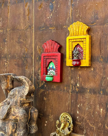 Hand-Painted Wooden Jharokha Wall Frames with Mini Shelf – Traditional Floral & Kalash Art (Set of 2)