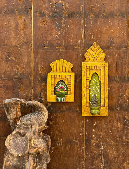 Hand-Painted Wooden Jharokha Wall Frames with Mini Shelf – Traditional Floral Art (Set of 2)