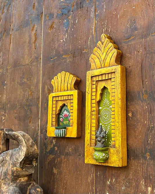 Hand-Painted Wooden Jharokha Wall Frames with Mini Shelf – Traditional Floral Art (Set of 2)