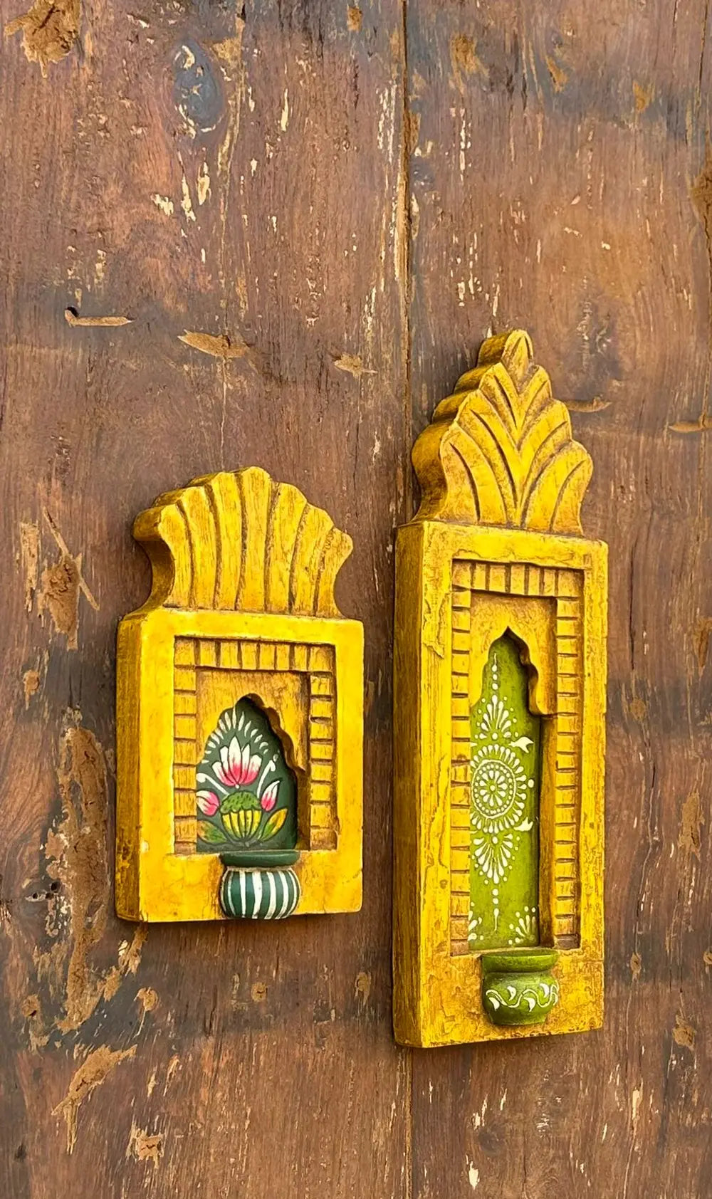 hand-painted wooden jharokha wall frames with mini shelf – traditional floral art (set of 2)