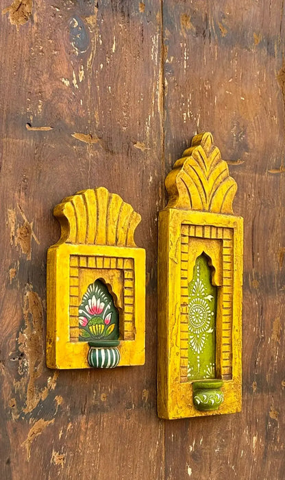Hand-Painted Wooden Jharokha Wall Frames with Mini Shelf – Traditional Floral Art (Set of 2)