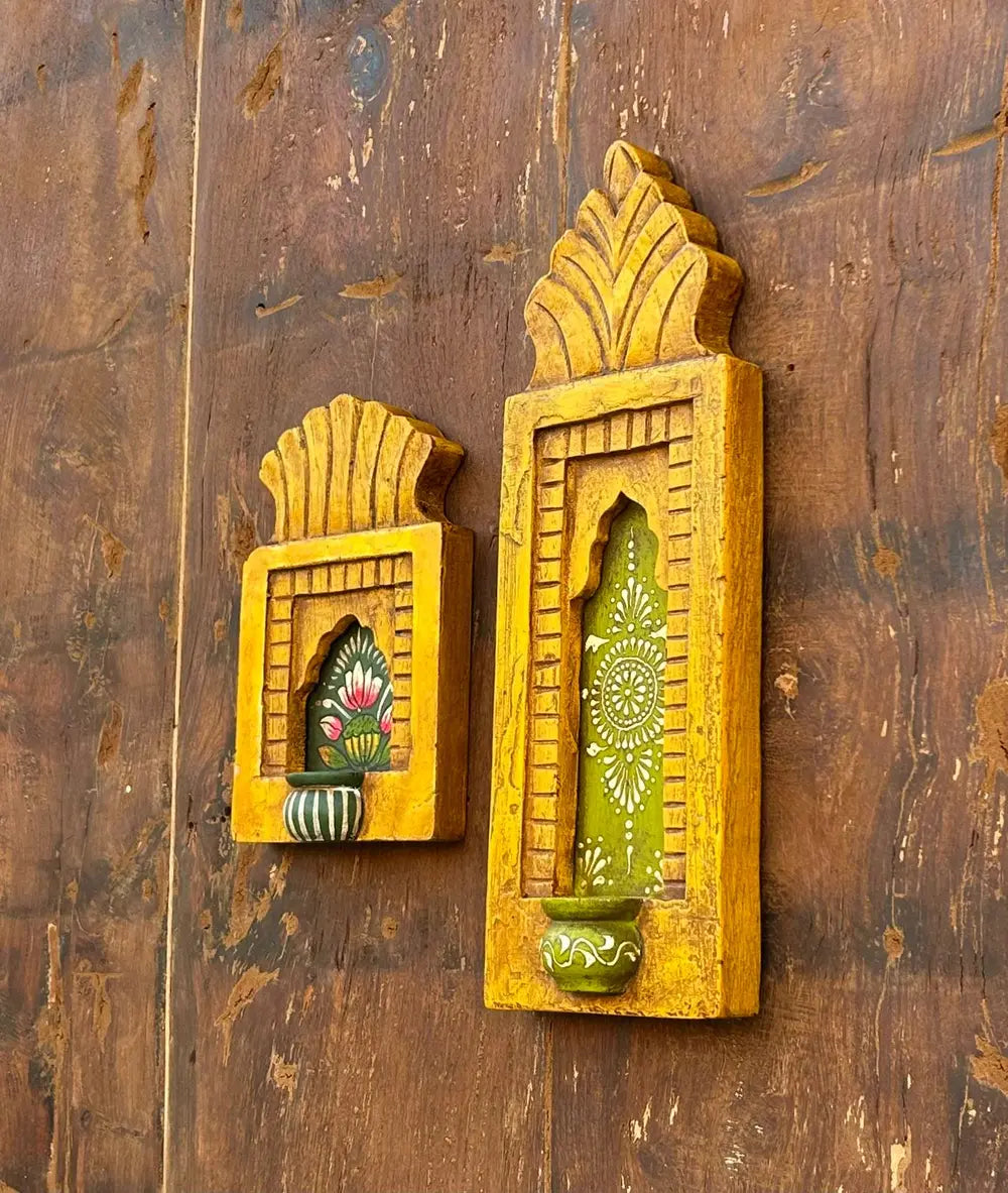 hand-painted wooden jharokha wall frames with mini shelf – traditional floral art (set of 2)