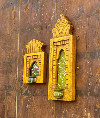 Hand-Painted Wooden Jharokha Wall Frames with Mini Shelf – Traditional Floral Art (Set of 2)