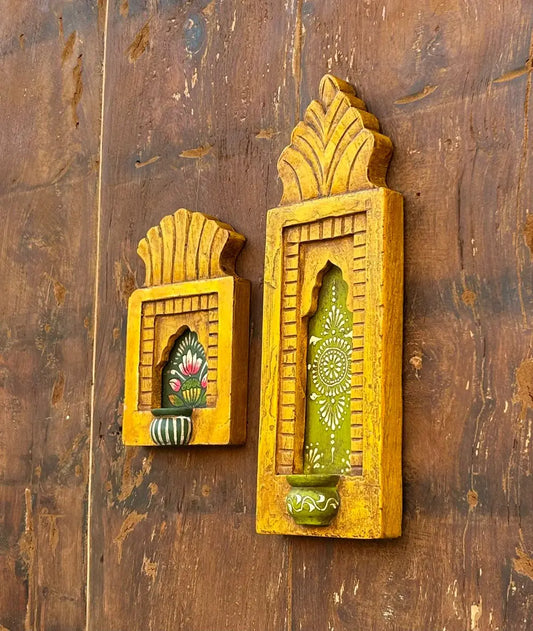 Hand-Painted Wooden Jharokha Wall Frames with Mini Shelf – Traditional Floral Art (Set of 2)